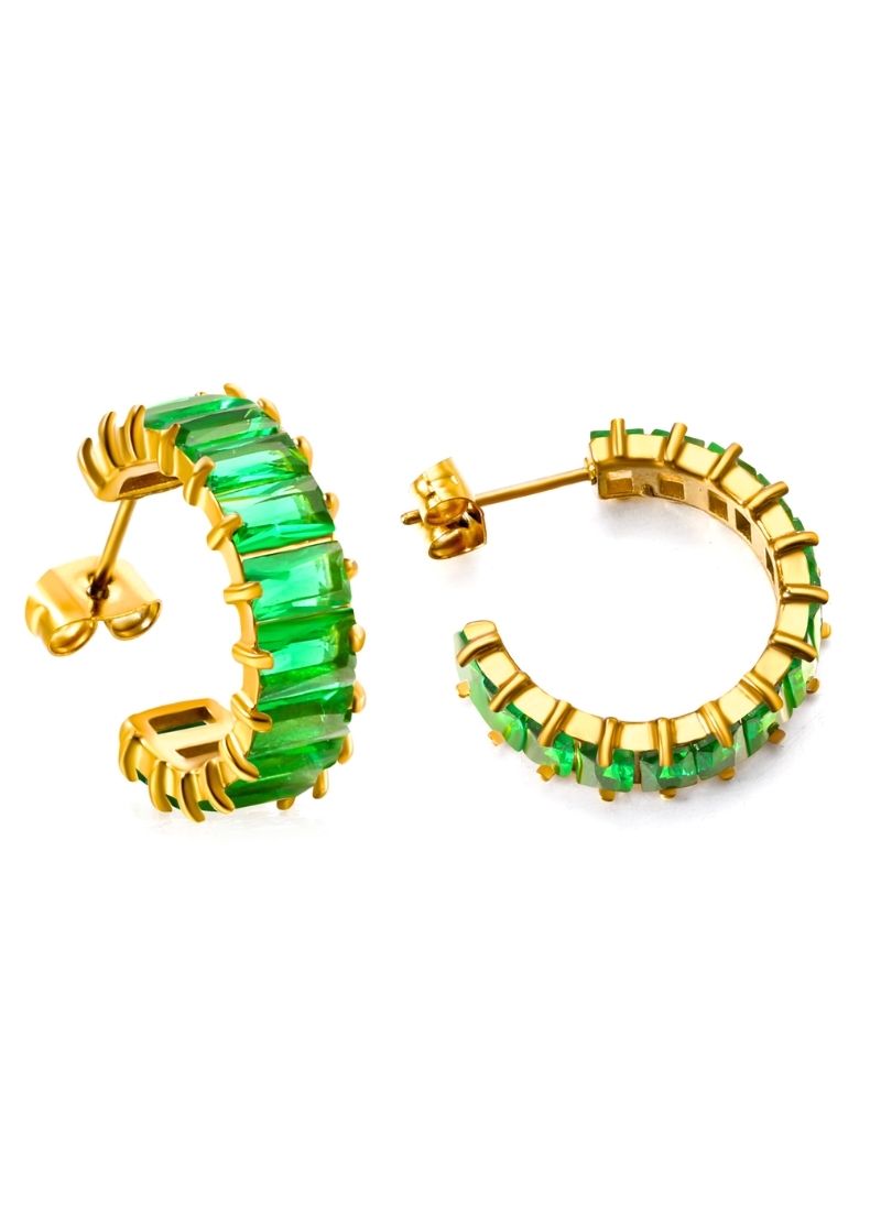 Golden Baguette Hoop Earrings:Green