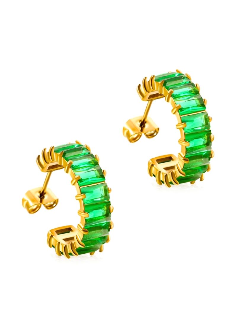 Golden Baguette Hoop Earrings:Green