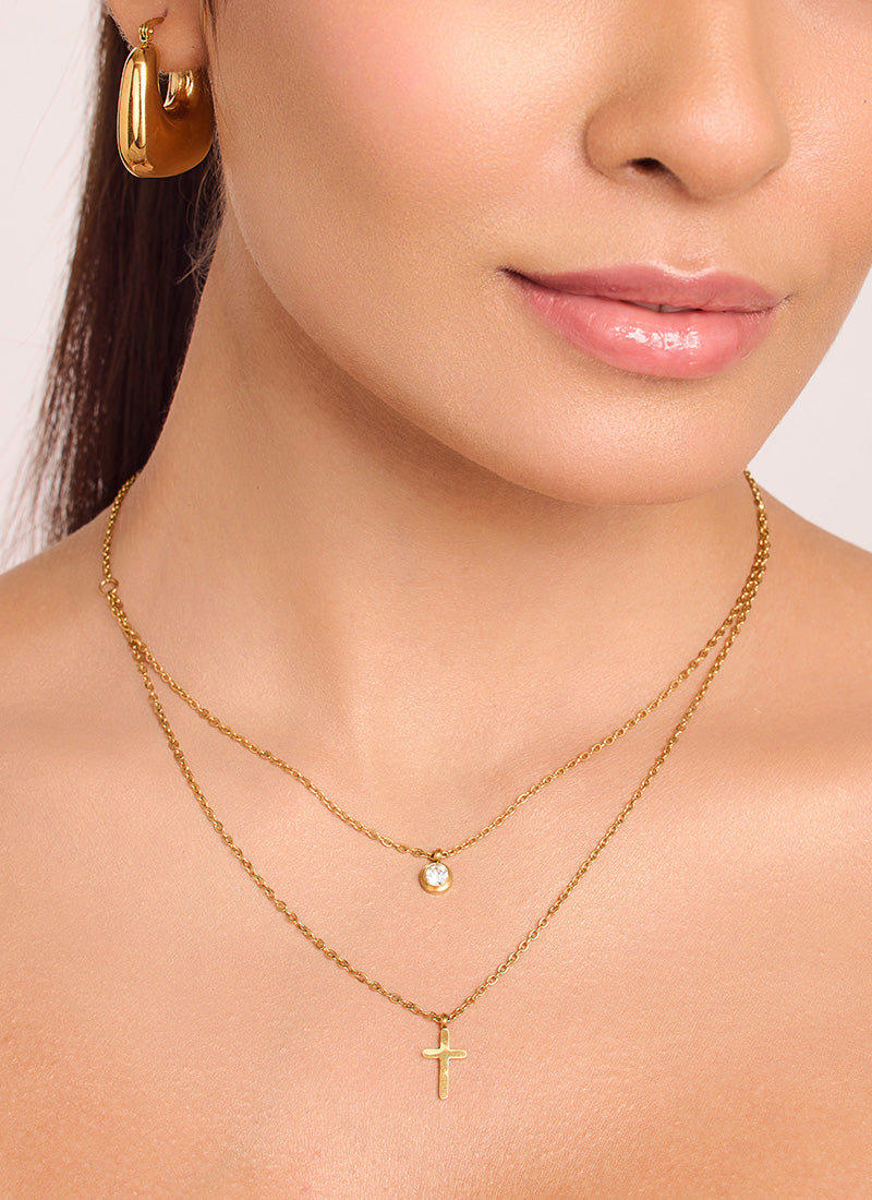 Solitaire with Cross Layered Necklace