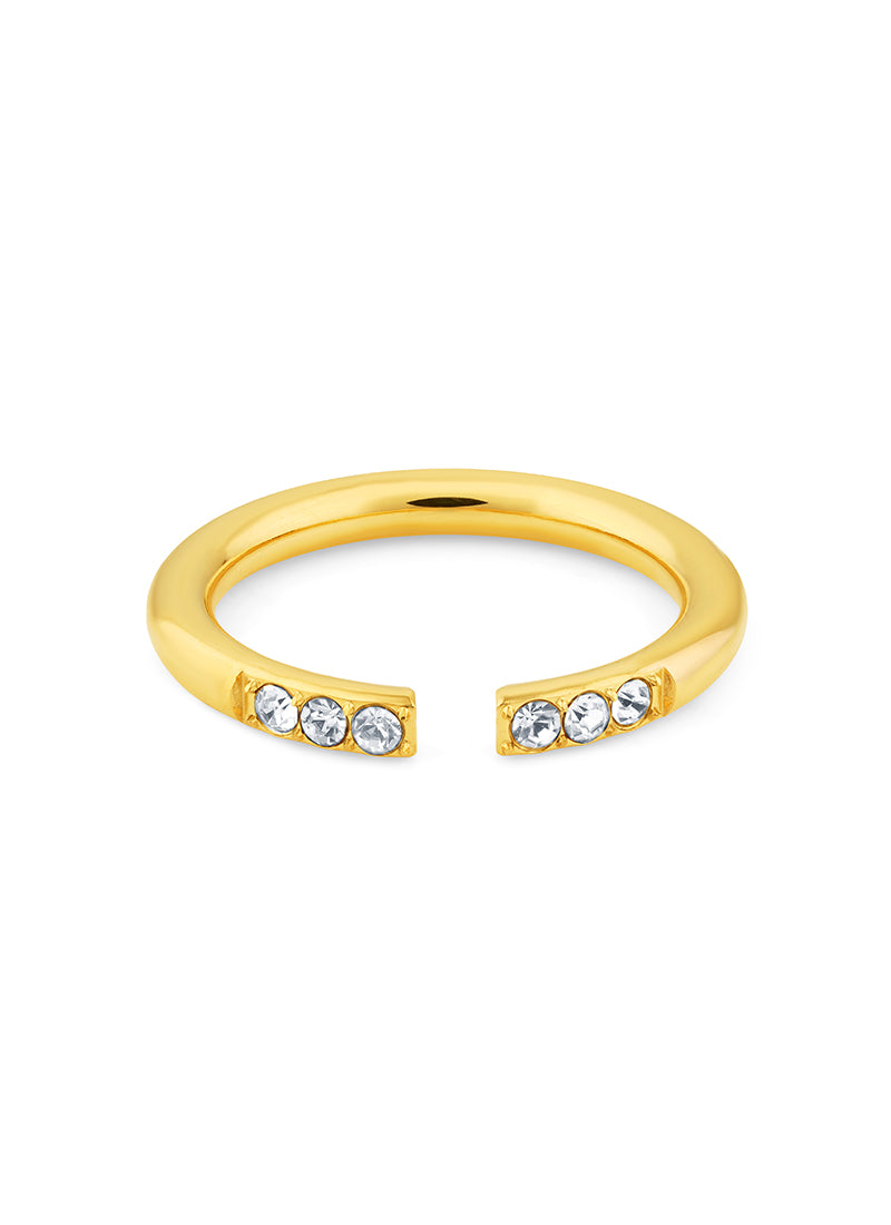 close-up of 18k gold plated open ring with stones